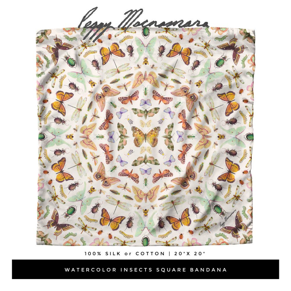 Watercolor Insects Square Bandana | art by Peggy Macnamara