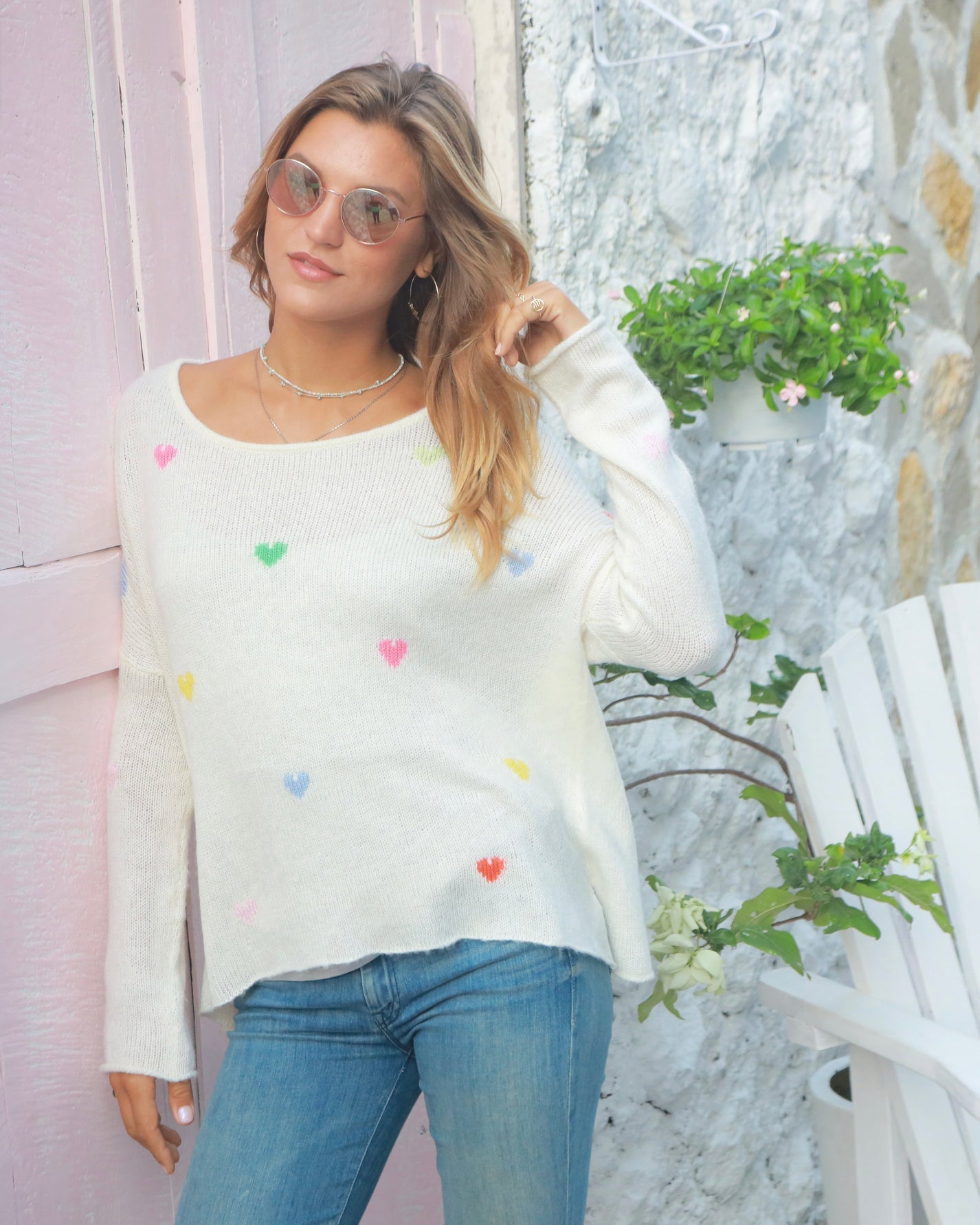 Rainbow Hearts Crew Lightweight Sweater - SALE