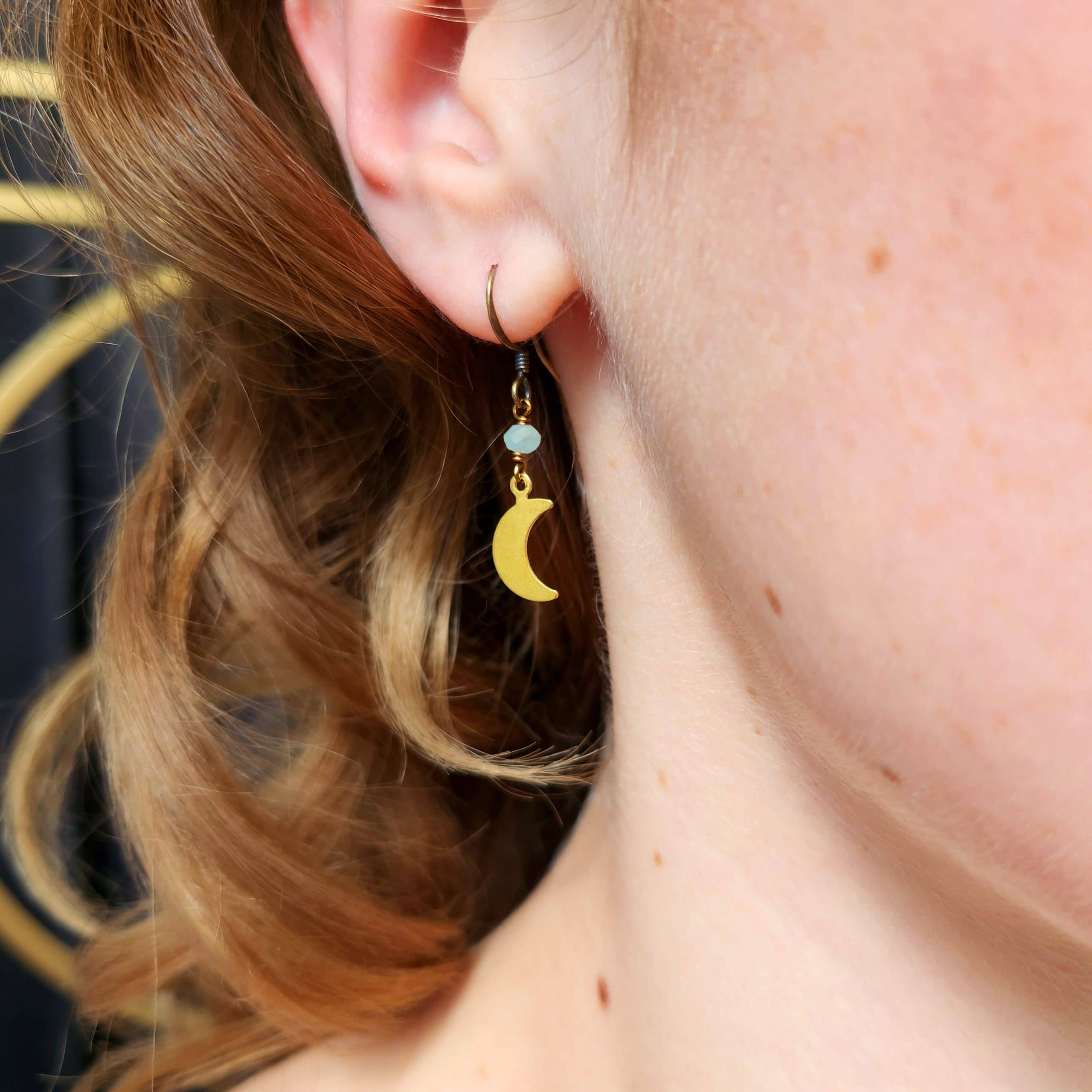 Dainty Seafoam Chalcedony Crescent Moon Earrings