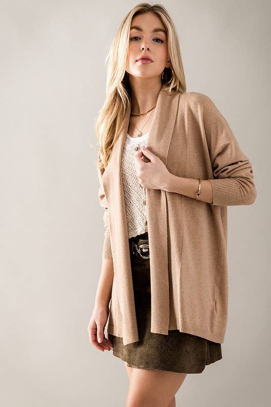 Rib Knit Draped Collar Open Front Cardigan