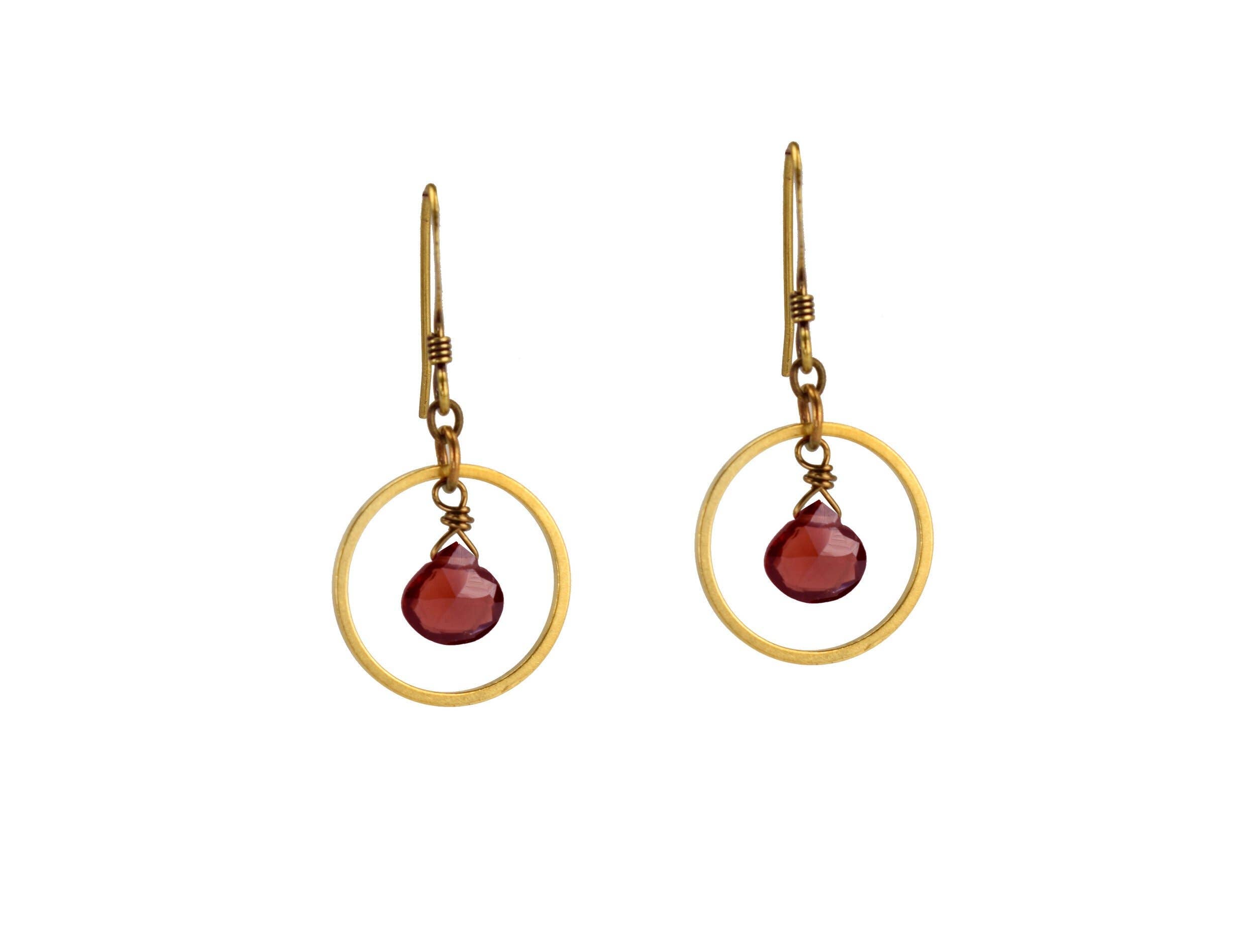 Red Garnet Inside Golden Circle Earrings Cute