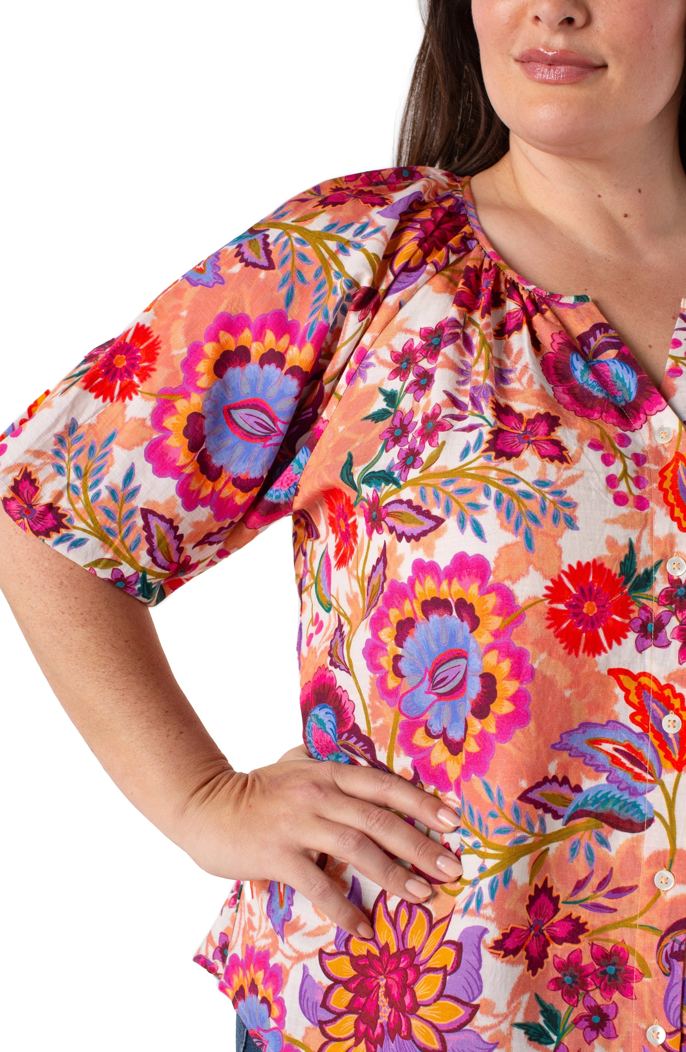 Button Front Shirred Woven Top - SALE