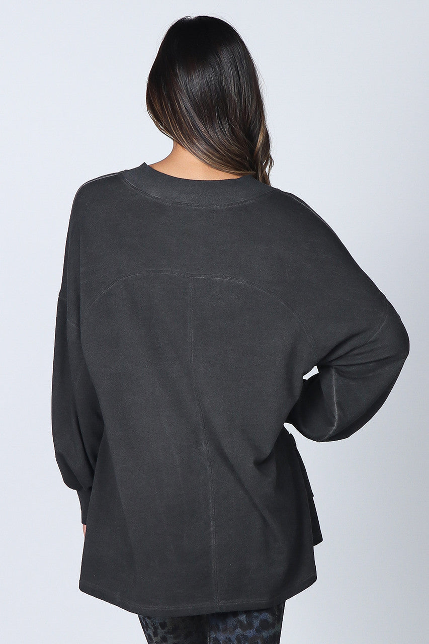Oil Washed Baby French Terry V-Neck Tunic - Caviar