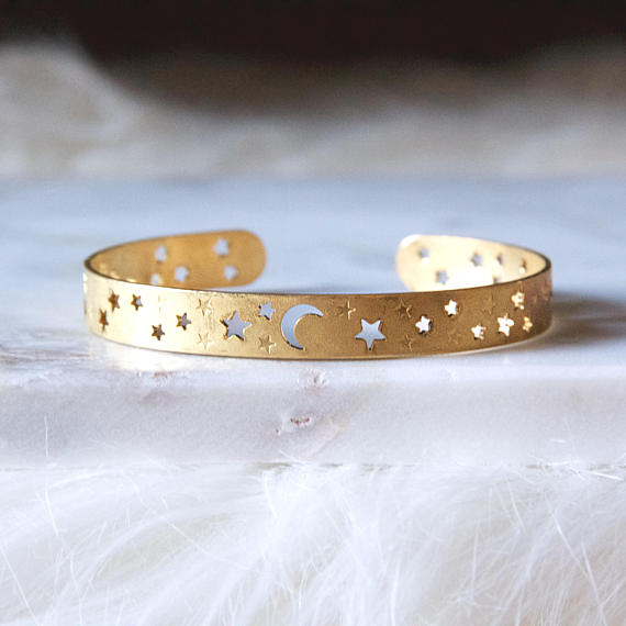 Moon and Stars Crescent Bracelet - Brass