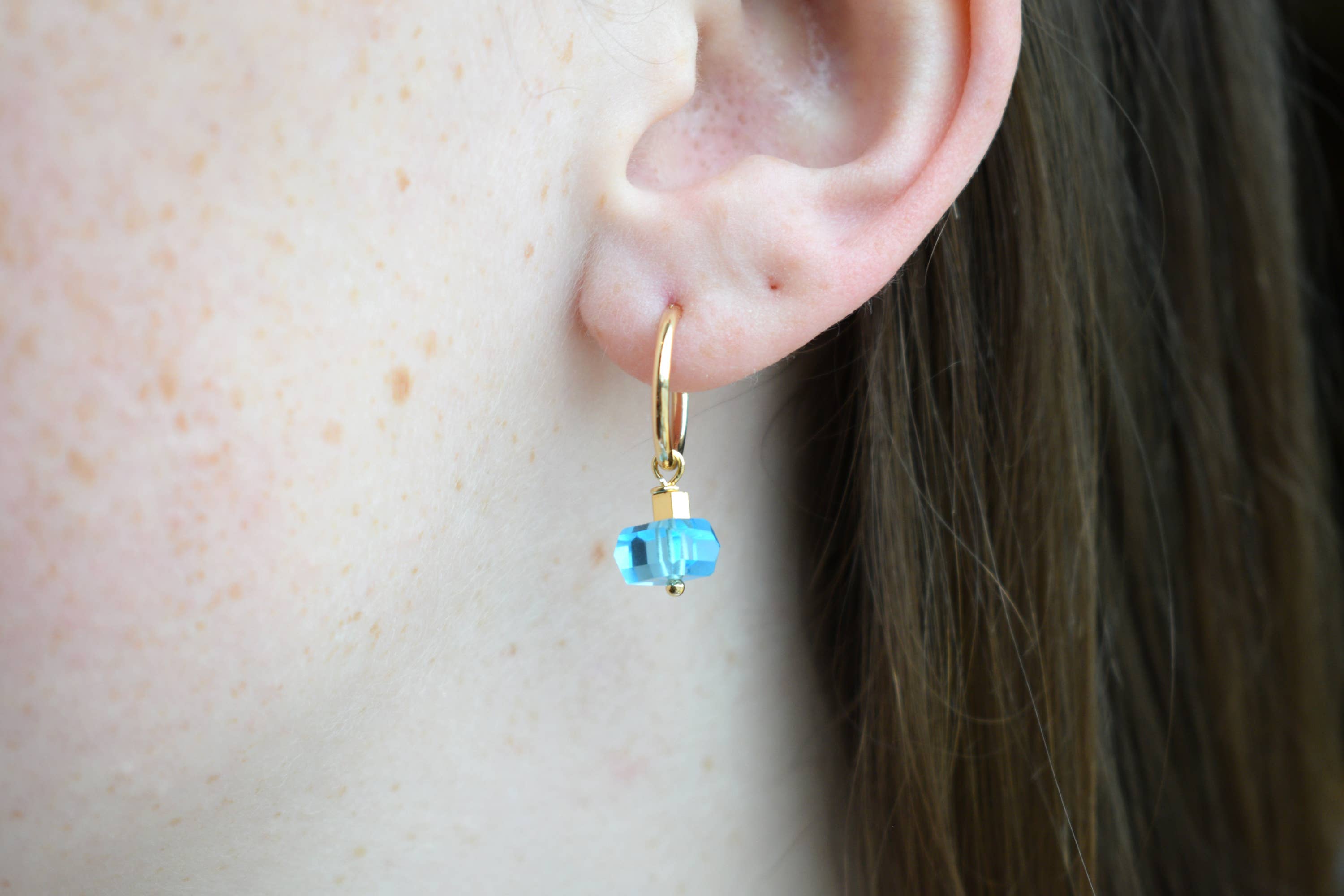 Blue Quartz Faceted Cube Small Gold Hoops