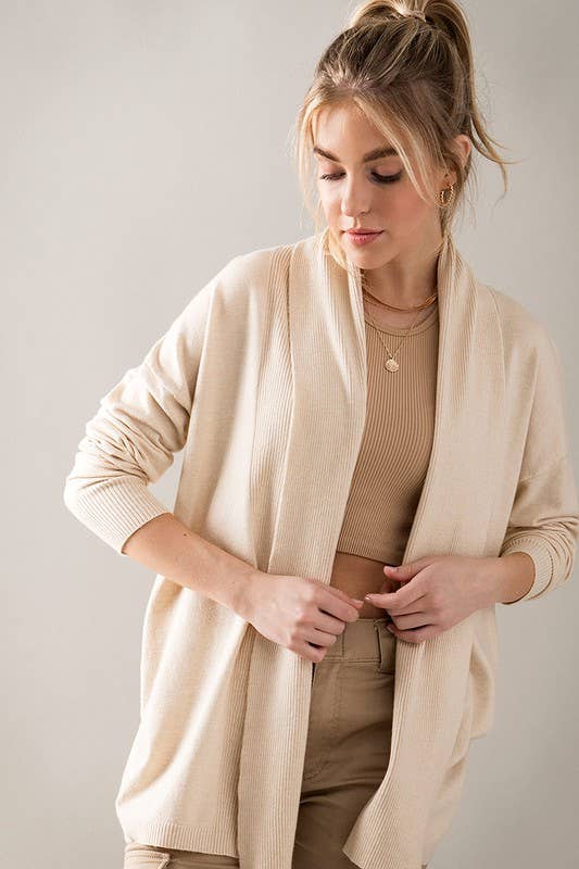 Rib Knit Draped Collar Open Front Cardigan