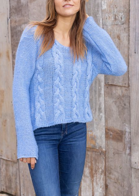 Alessa Marled Cable Crew Chunky Sweater - Cerulean/Cornflower Marl